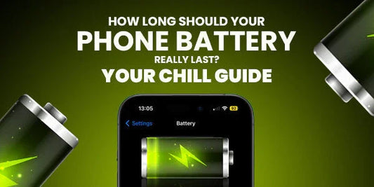 Phone battery guide visual with green battery icons and a smartphone showing battery settings, highlighting how long phone batteries should last in a day.