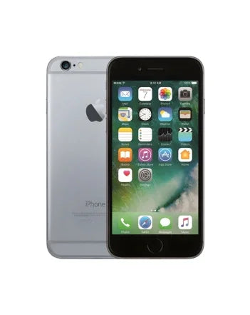 Silver iPhone 6s with front screen displaying apps, back view showing Apple logo, certified refurbished device
