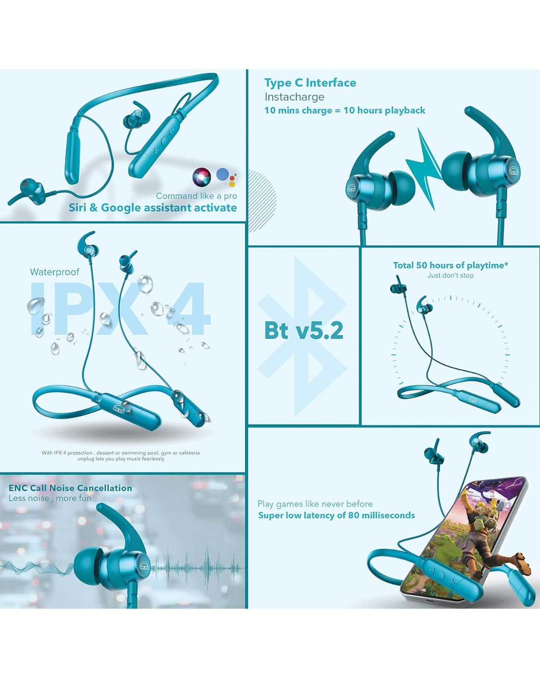 EKKO Unplug N05 Neckband Earphones with 50 Hours Playback Time,Bluetooth V5.2, Quick Charging, IPX4 Protection, SIRI & Google Assistant