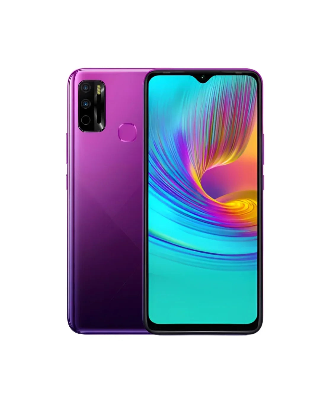 Vibrant purple refurbished smartphone with triple rear cameras and colorful display, budget-friendly smart tech