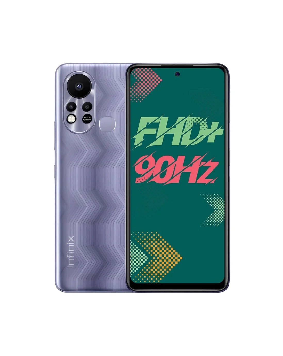 Infinix smartphone with FHD+ 90Hz display, triple rear cameras, and textured purple back panel