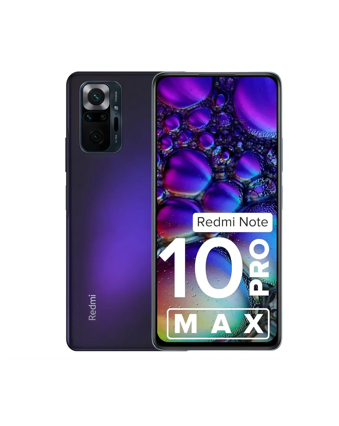 Redmi Note 10 Pro Max smartphone with vibrant purple gradient back and multi-lens camera, displaying colorful screen