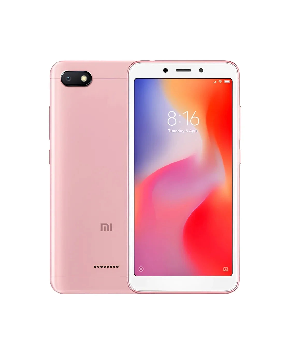 Pink Xiaomi smartphone with front and back view, displaying colorful screen and MI logo