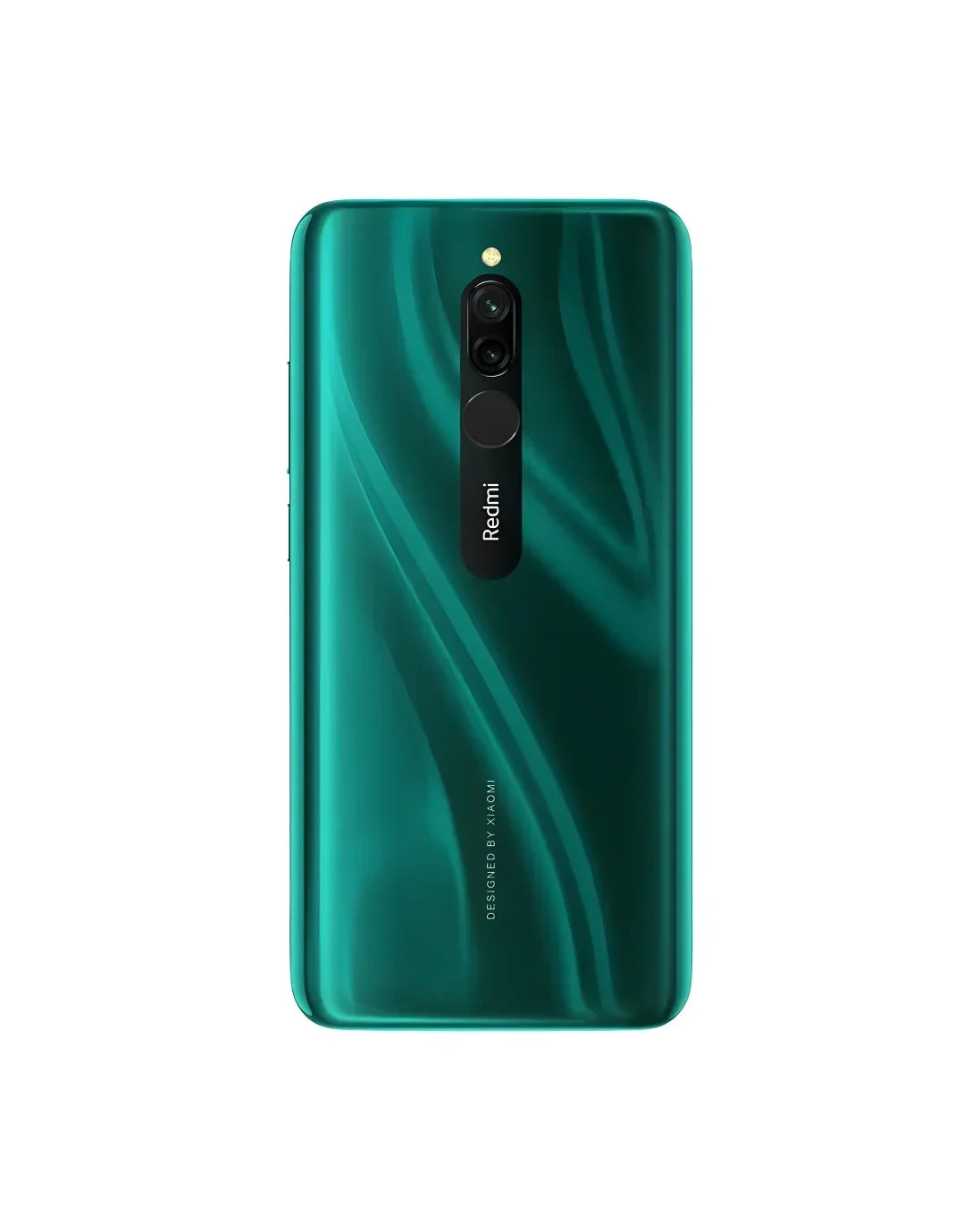 Emerald green Redmi smartphone with dual camera and sleek wave design, designed by Xiaomi