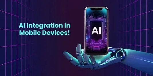AI integration in mobile devices with futuristic robotic hand holding smartphone