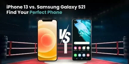 iPhone 13 vs Samsung Galaxy S21 comparison in boxing ring setting for perfect phone choice