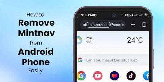 Android phone displaying browser with weather and app icons, guide to remove Mintnav