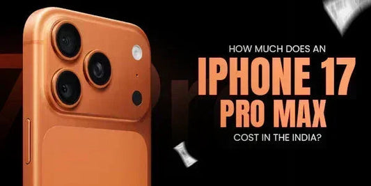Orange iPhone 17 Pro Max with triple camera setup, text asking cost in India
