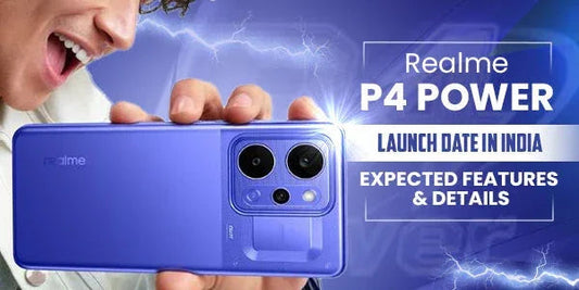Blue Realme P4 Power smartphone with dual cameras, held in hand against a lightning backdrop