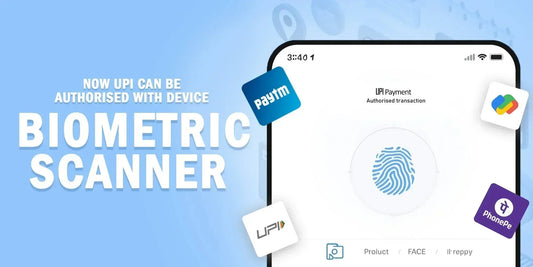 UPI payment biometric scanner on smartphone with Paytm, Google Pay, PhonePe, UPI logos on blue background