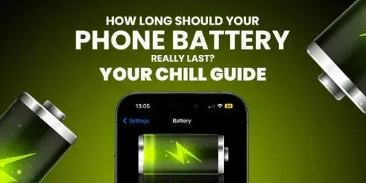 Phone battery guide visual with green battery icons and a smartphone showing battery settings, highlighting how long phone batteries should last in a day.