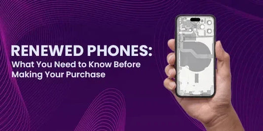 Hand holding a renewed phone with internal components visible, set against a purple background.